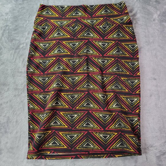LuLaRoe Womens Cassie Skirt S Black Yellow Red Geometric Bodycon Stretch Pencil - Picture 1 of 7